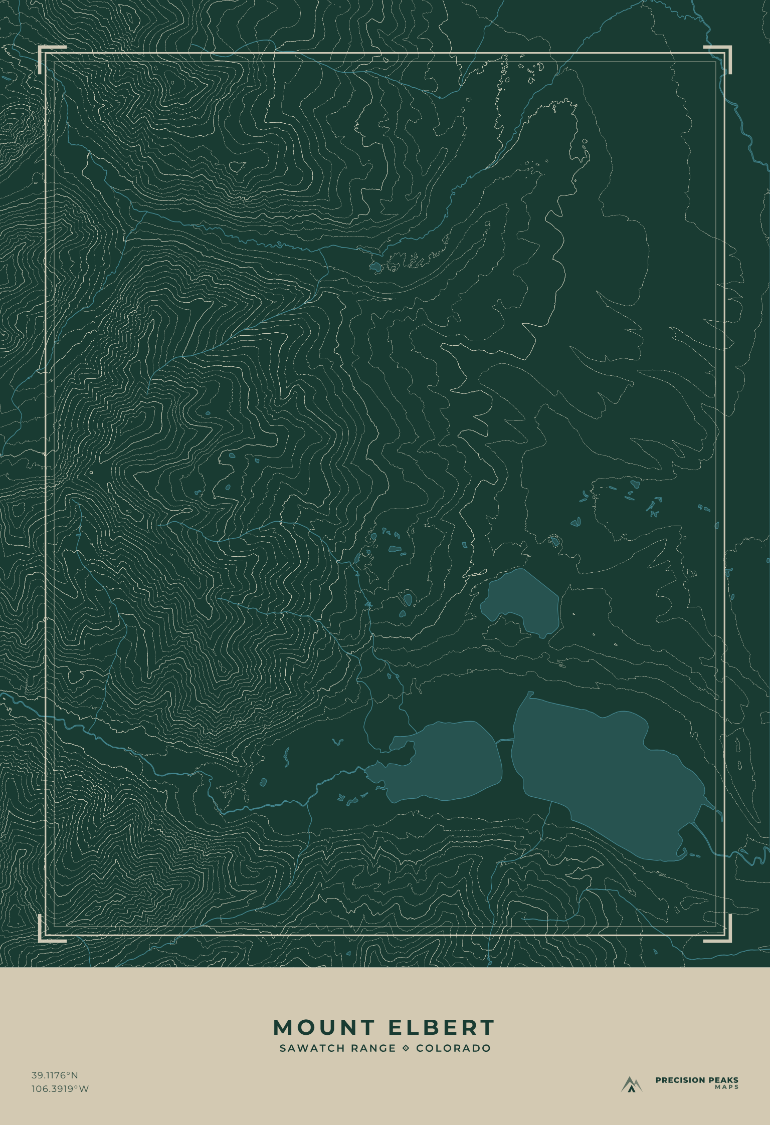 Mount Elbert Terrain Edition topographic print in the Homestake Valley color style