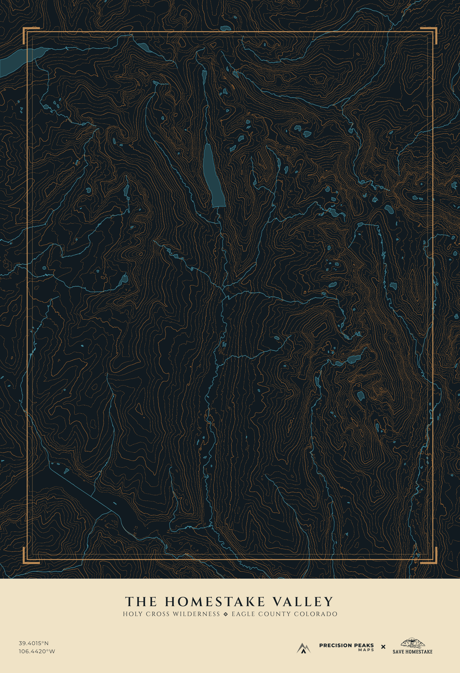 Homestake Valley topographic print in the Midnight Copper color style