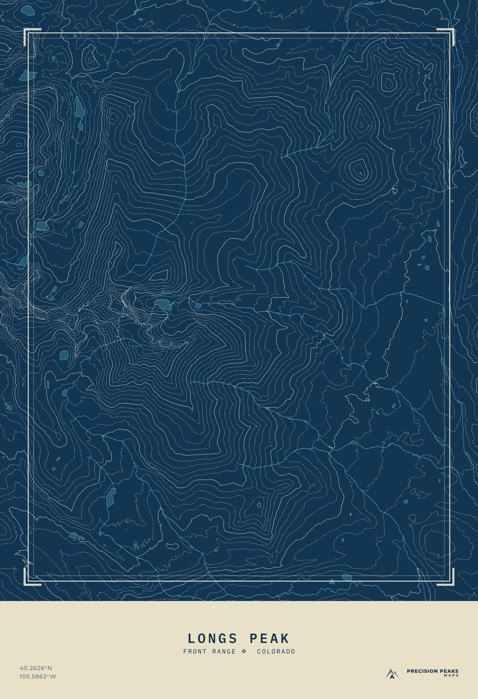 Longs Peak topographic print in the Surveyor Blueprint color style