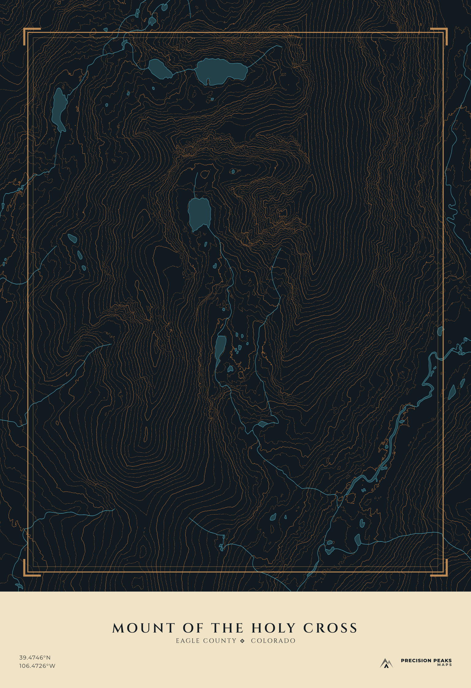 Mount of the Holy Cross topographic print in the Midnight Copper color style