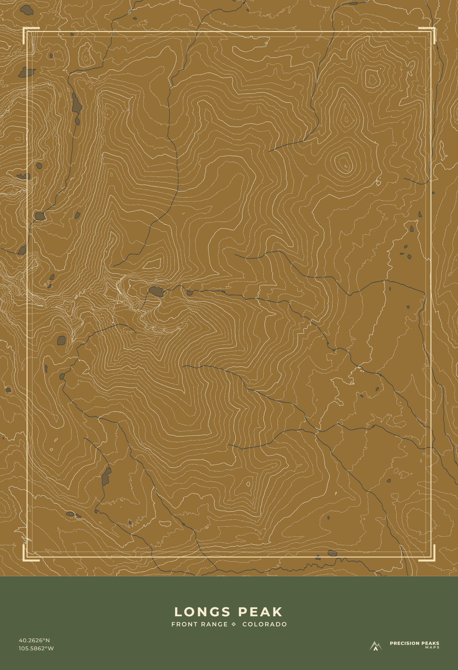 Longs Peak topographic print in the Aspen Gold color style