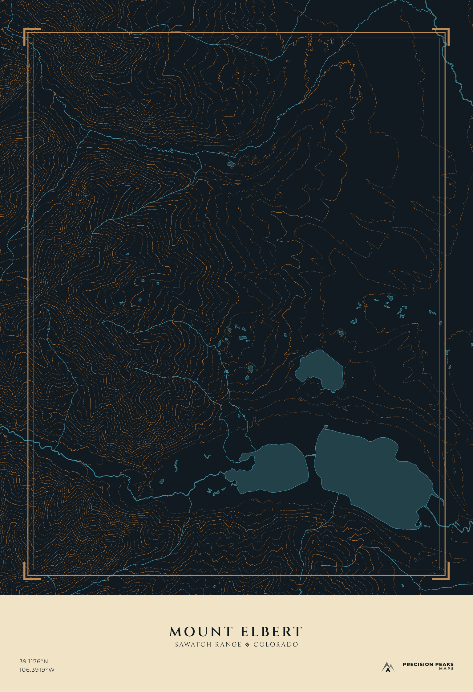 Mount Elbert Terrain Edition topographic print in the Midnight Copper color style