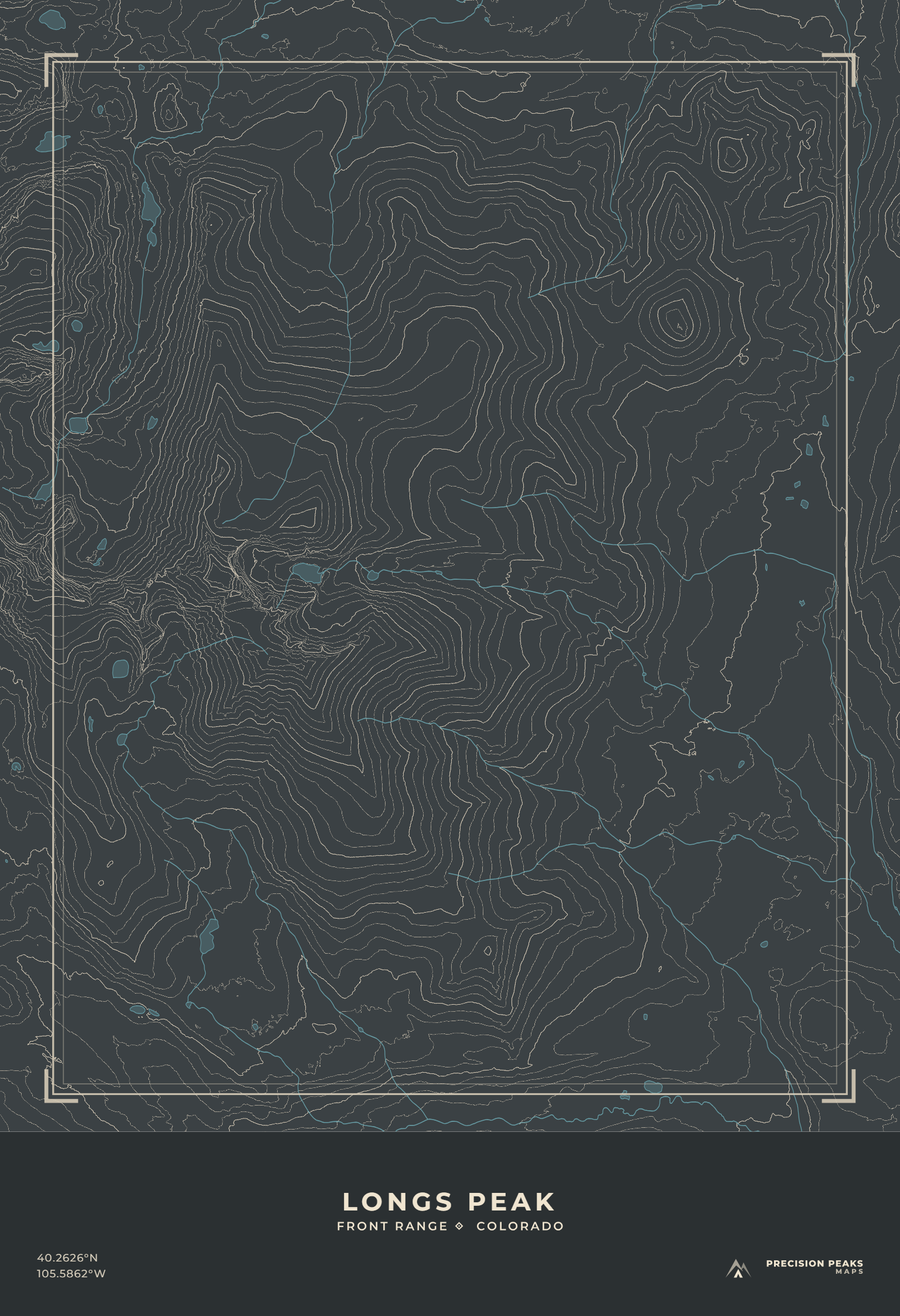 Longs Peak topographic print in the Granite Afterglow color style