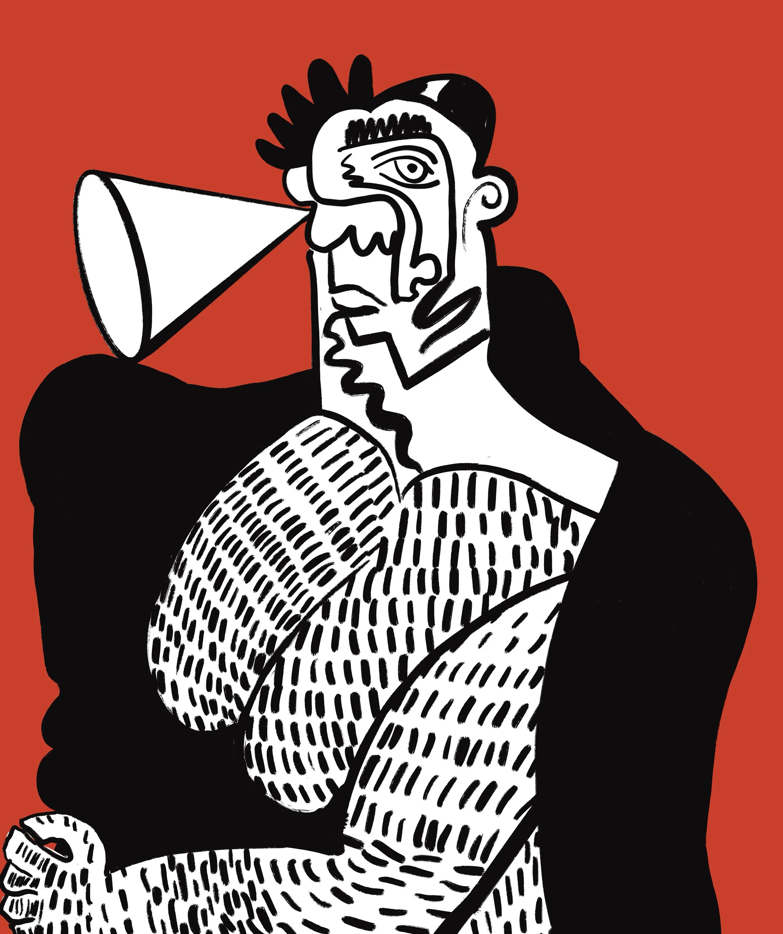 A black and white abstract artwork of a person holding a megaphone to their face, with a dark background and a red backdrop.