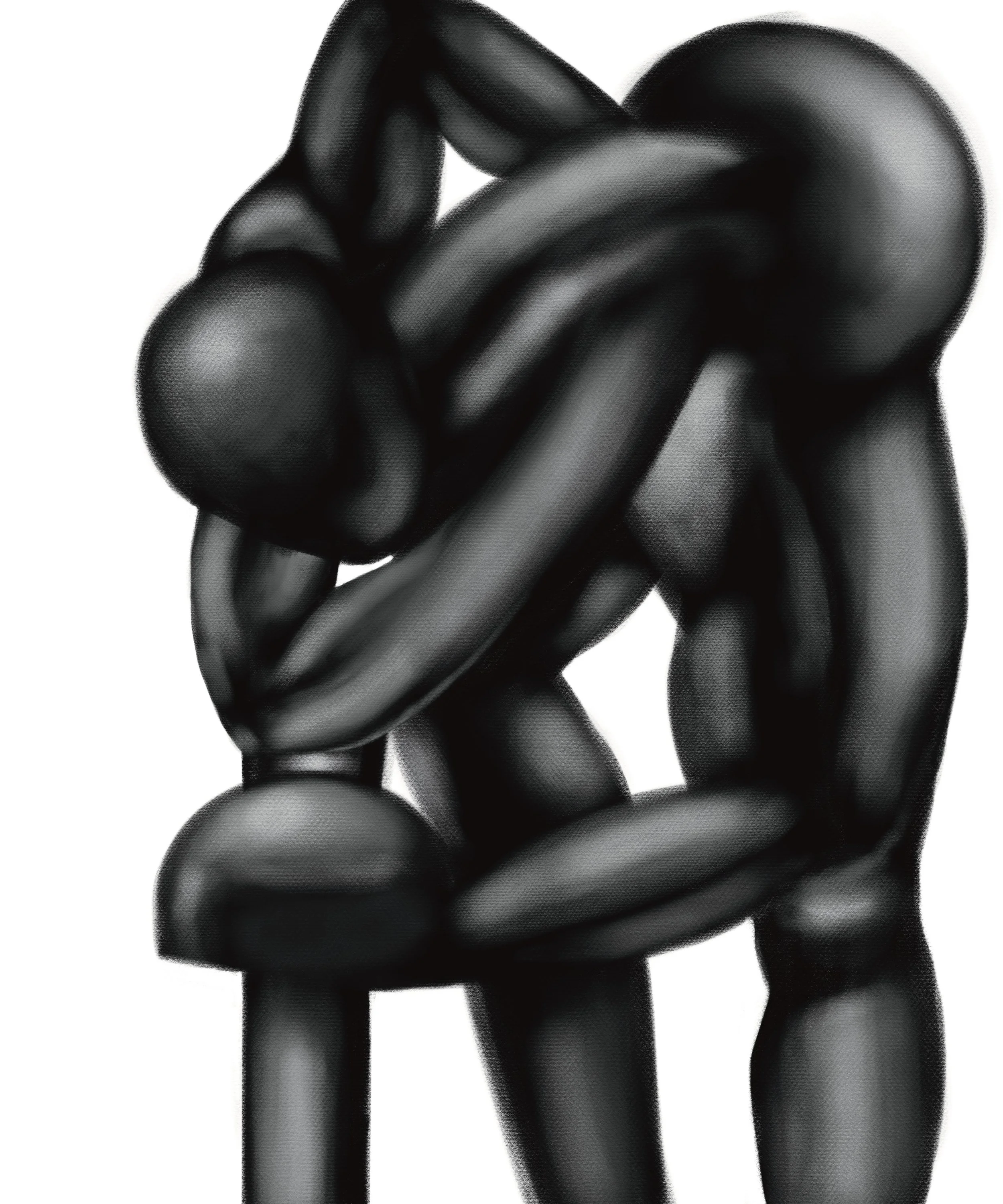 Abstract black sculpture of intertwined human-like figures in a knot