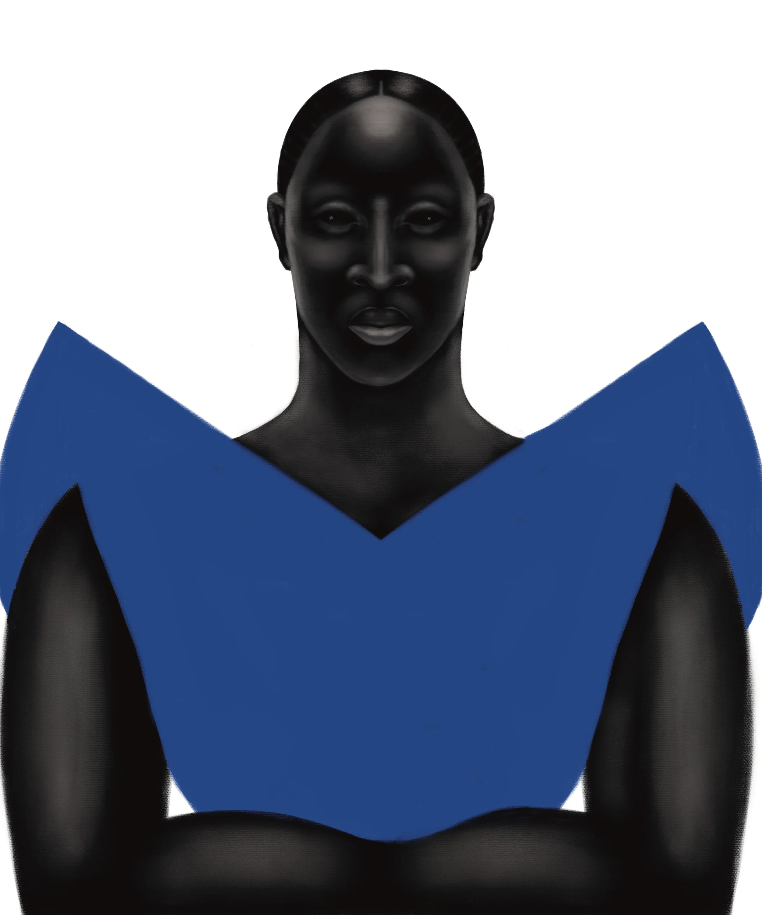 A digitally edited photo of a woman with black skin and slicked-back hair, wearing a bold blue dress with structured shoulders, standing against a plain white background.