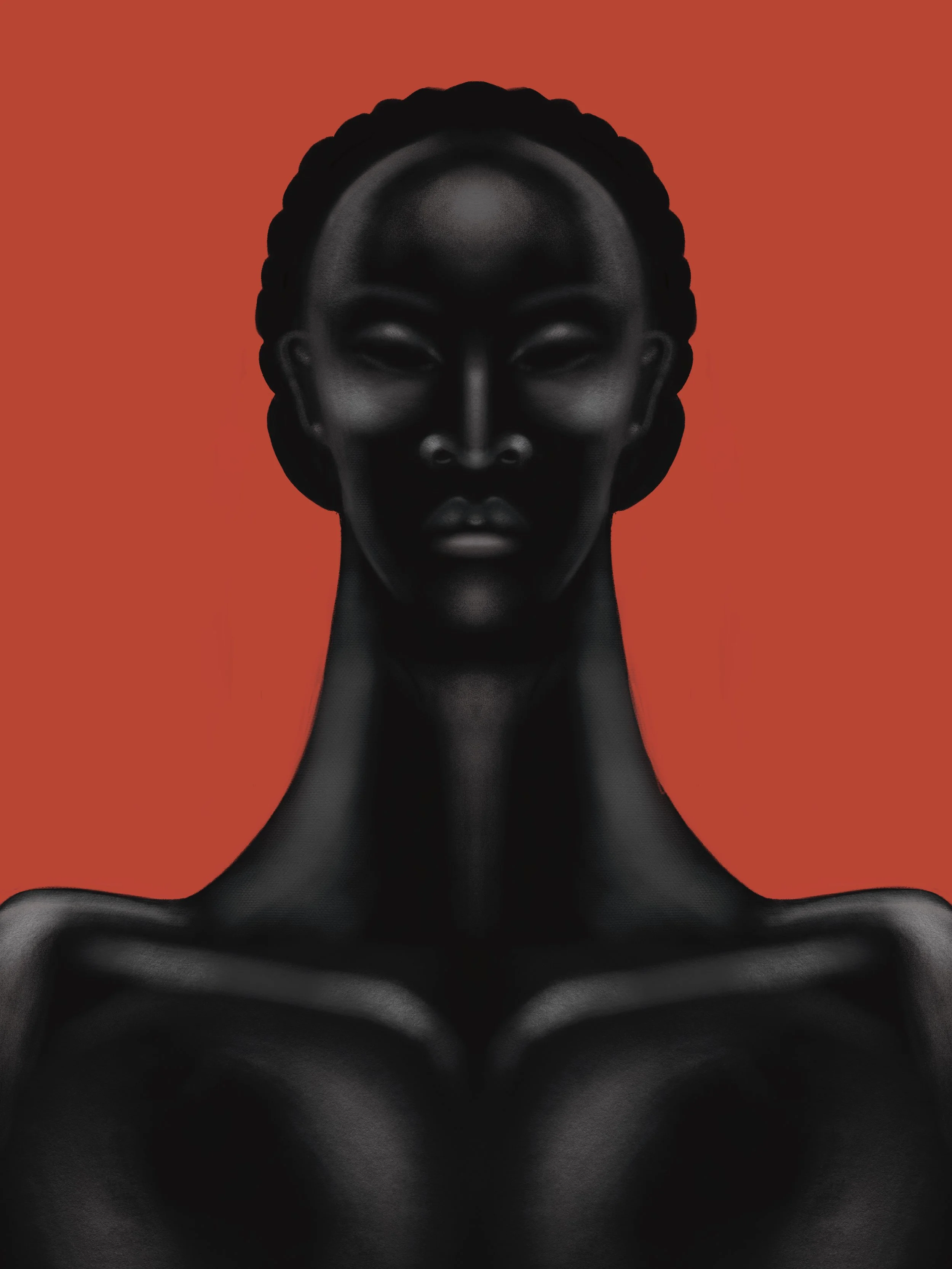 A digital art portrait of a woman with dark skin against a red background, her features stylized and exaggerated for artistic effect.