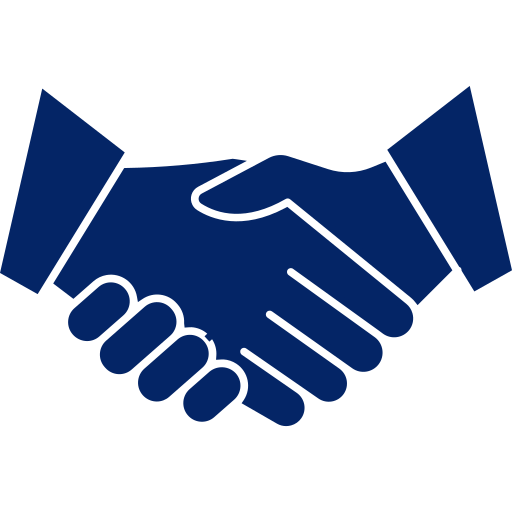 Dark blue handshake icon symbolizing partnership or agreement