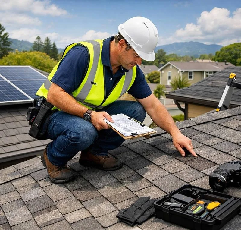 Roof inspector in a hard hat and safety vest examining shingles beside solar panels with tools on a residential roof
