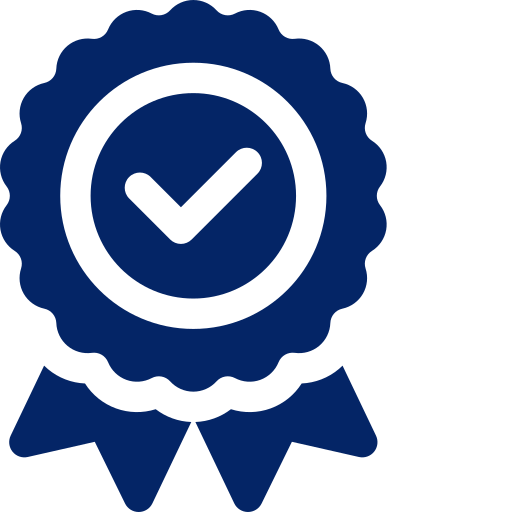 Blue award ribbon badge with a checkmark symbol