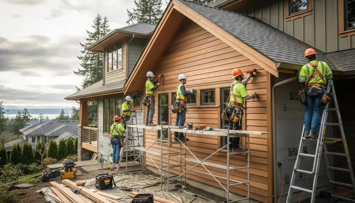 Construction crew installing wood siding on a house using scaffolding and ladders