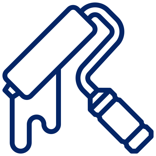 Blue outline icon of a paint roller and paintbrush crossed together
