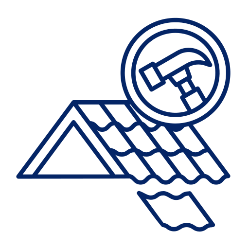Blue line icon of a satellite dish over a sloped solar panel or roof with roof tiles