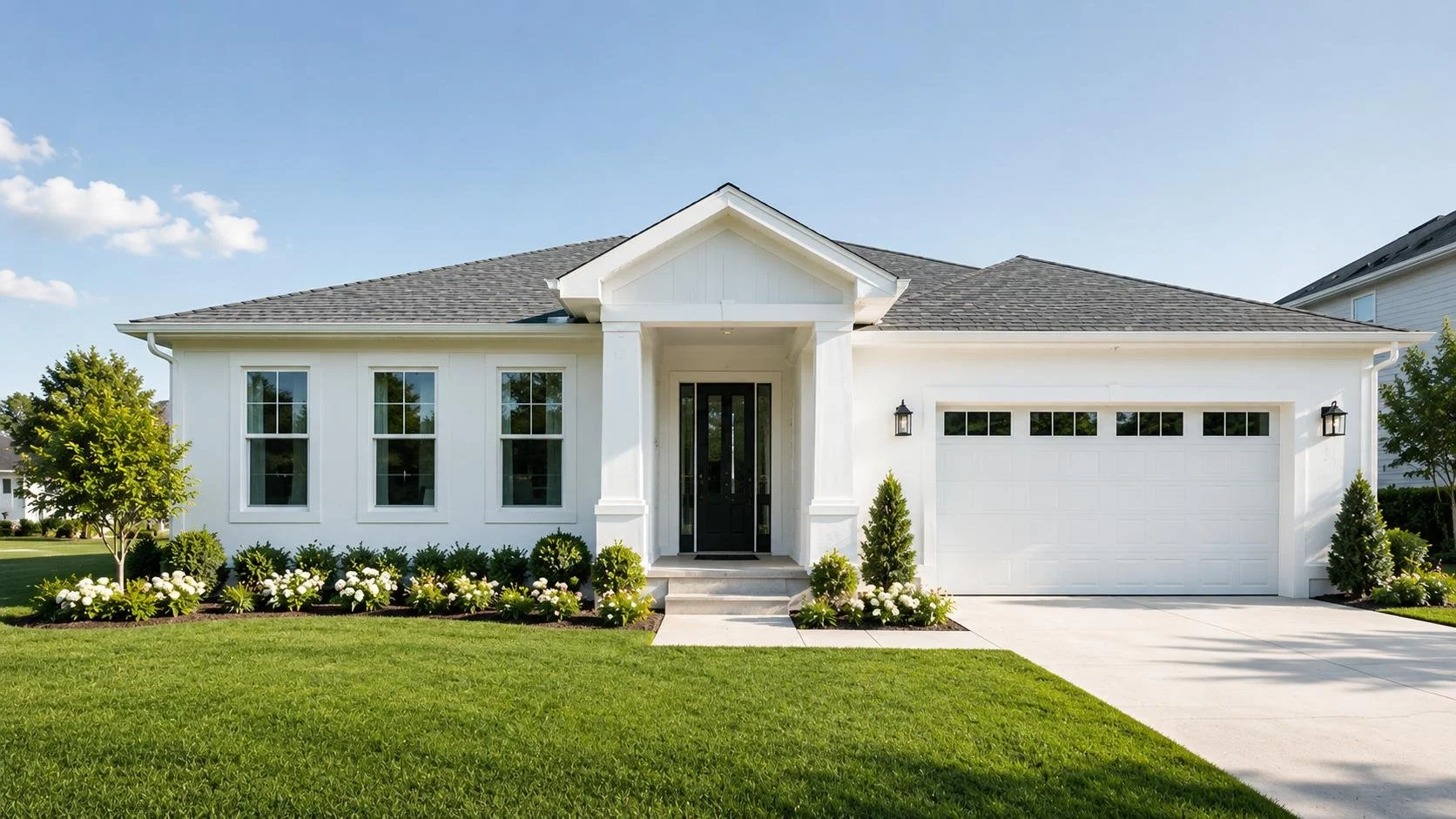 White single-story suburban house with a columned entryway, black front door, attached two-car garage, landscaped garden, and green lawn