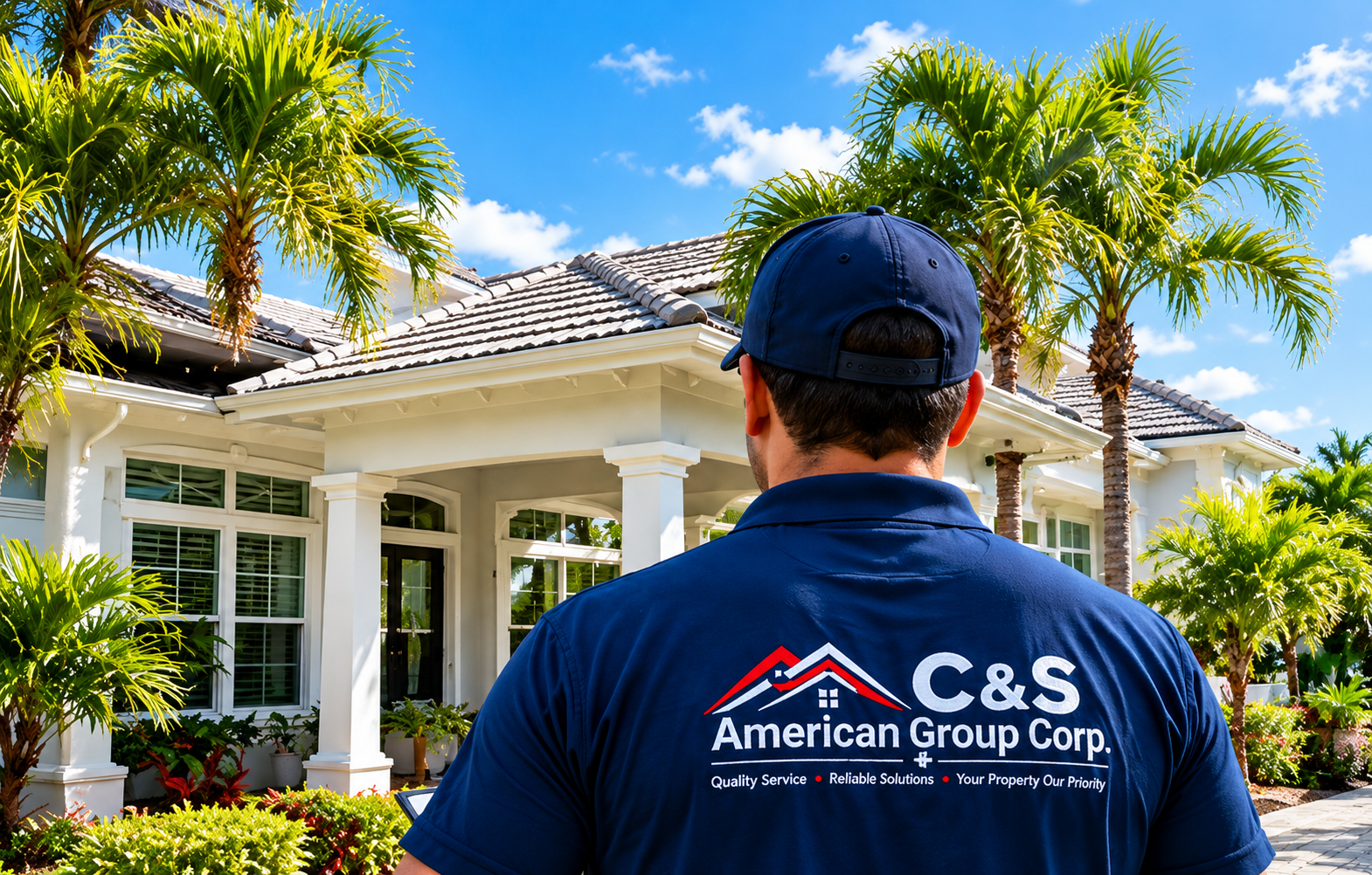 Property service professional in a C&S American Group Corp. uniform standing outside a tropical luxury home