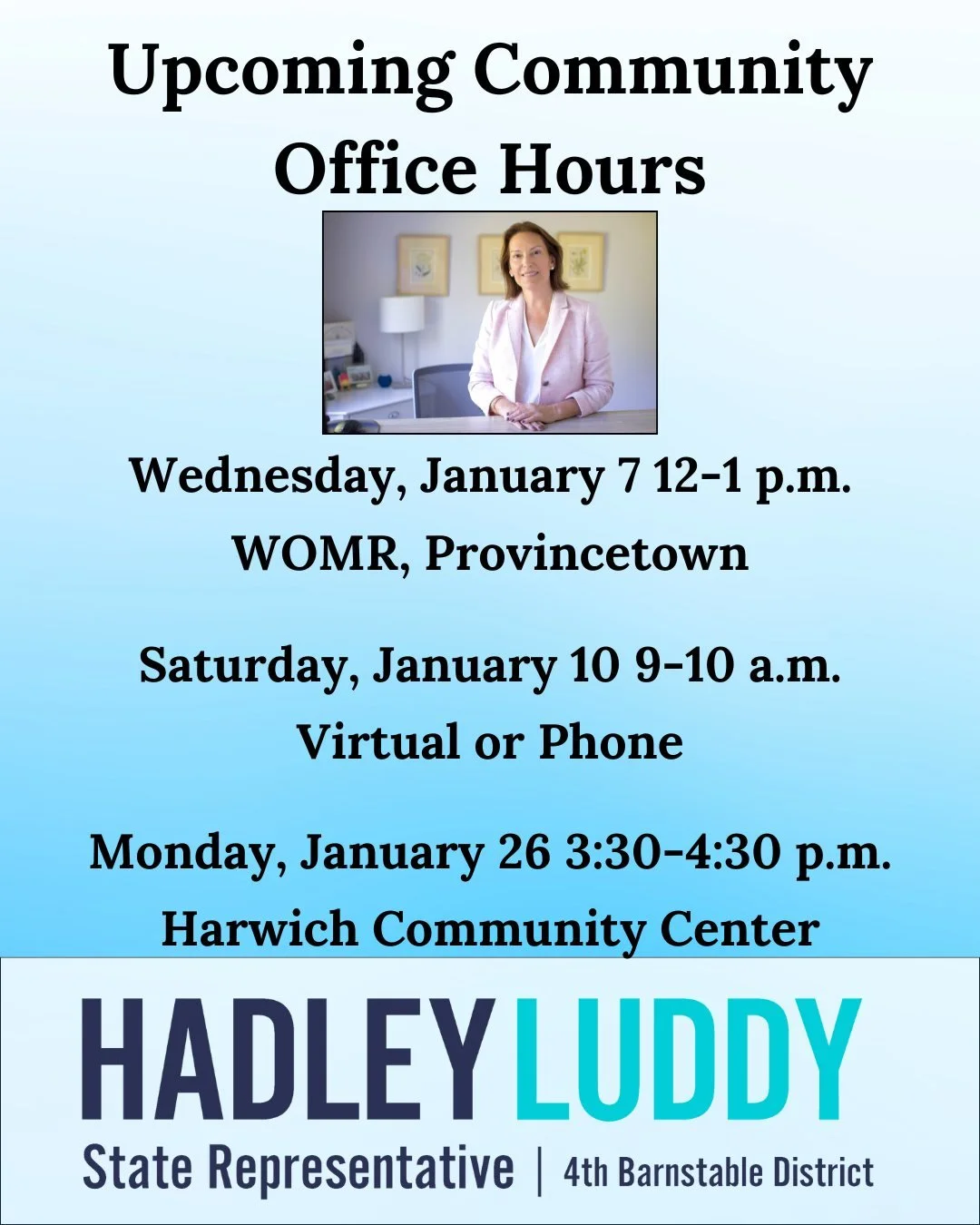 I hope you will join me this month during office hours! Here is the link for our virtual hours:
Phone:  617-865-5269, passcode 847510452
Online Link: https://tinyurl.com/tywmm24r
Meeting ID: 291 931 234 988 15 Passcode: ZD6Gd78q