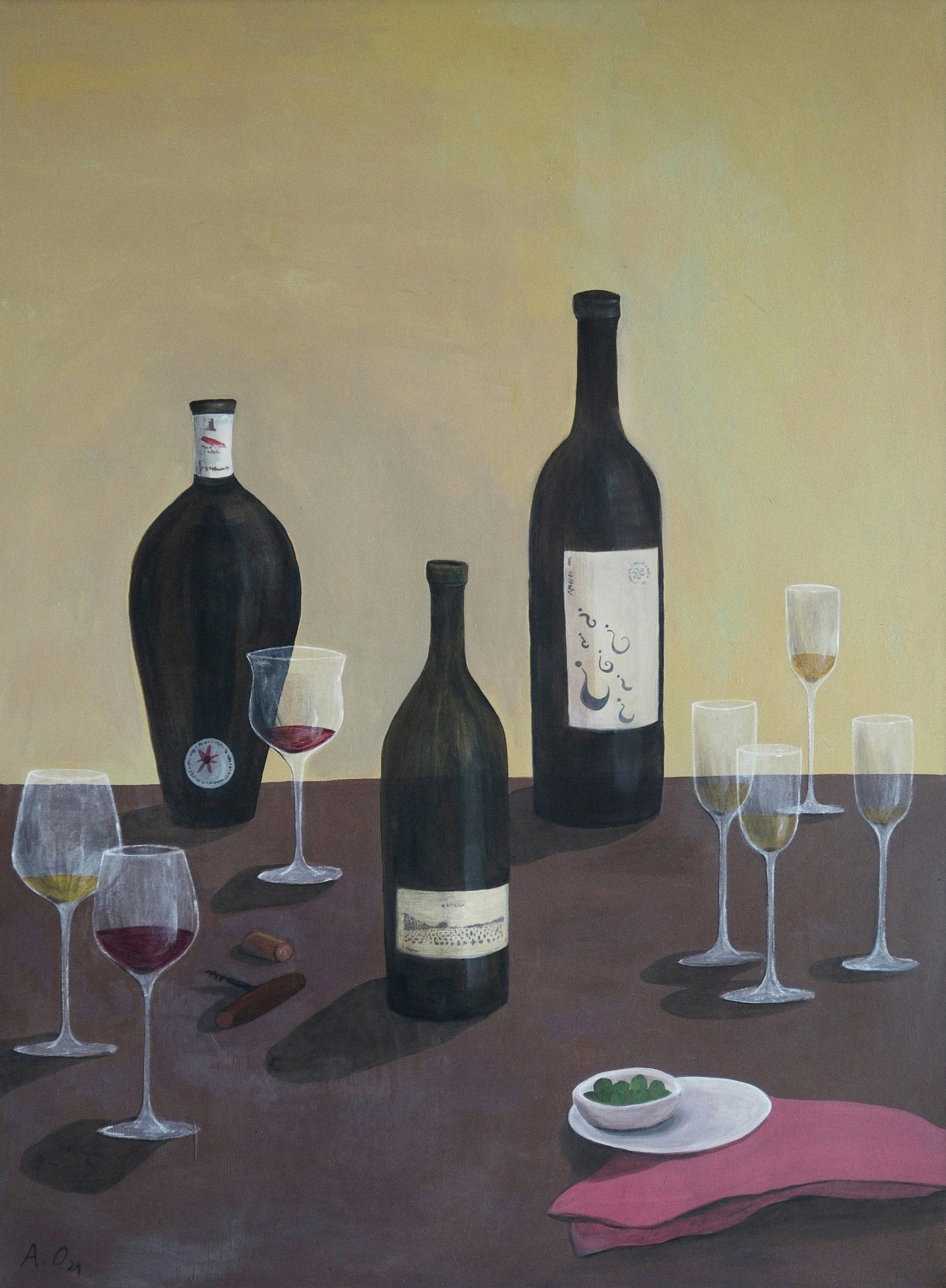 A still life painting showing three bottles of wine, several wine glasses with different amounts of wine, a small bowl of green olives, a corkscrew, and a cork on a dark table against a beige background.