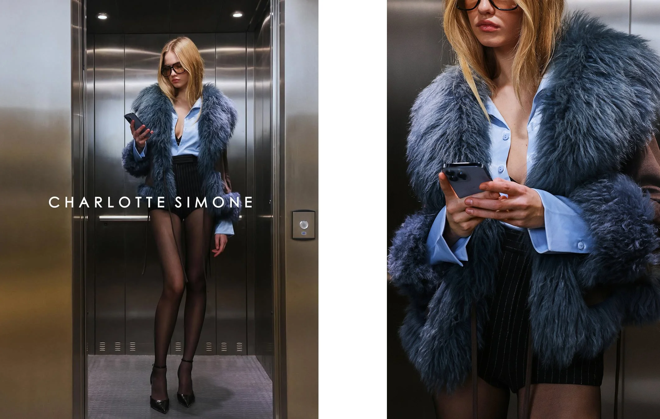 A woman with blonde hair, glasses, and a fur coat looking at her phone inside an elevator.