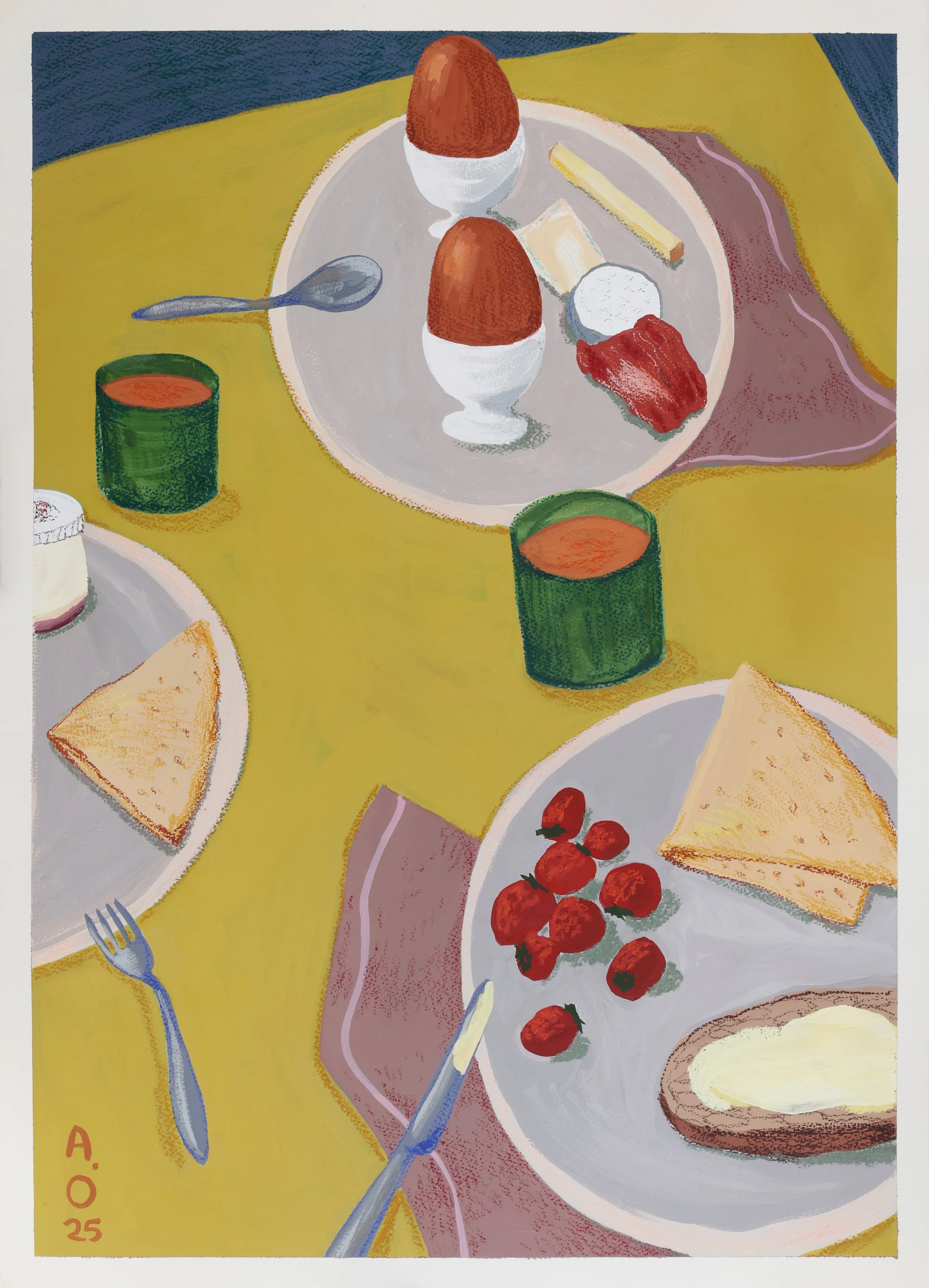 Painting of a table set with eggs in egg cups, soup, toast, cherry tomatoes, cheese, butter, and a knife and fork, with a yellow tablecloth.