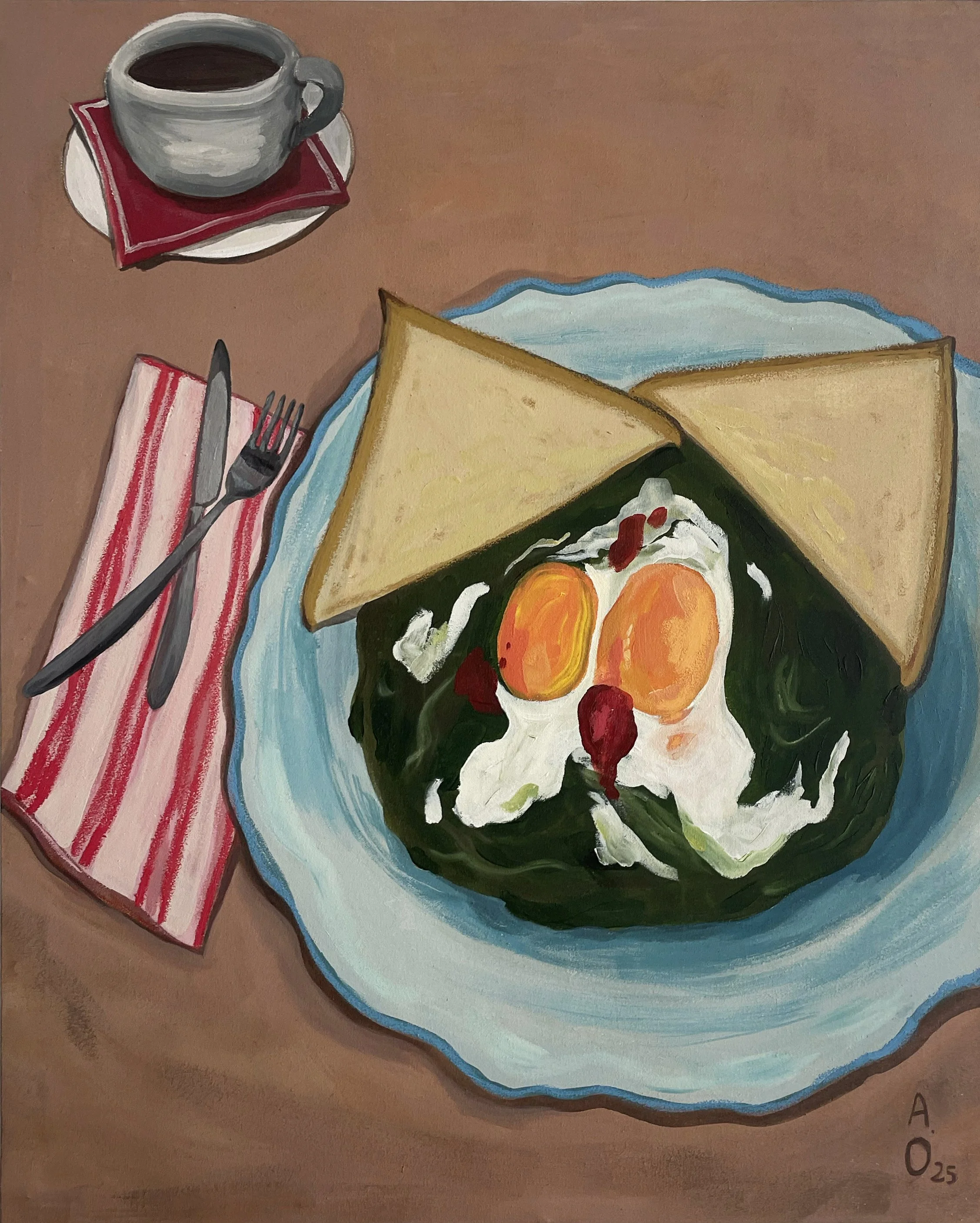 Painting of a breakfast scene with a plate of eggs, spinach, and toast, a cup of coffee on a small saucer with a red napkin, and a fork and knife on a striped napkin.