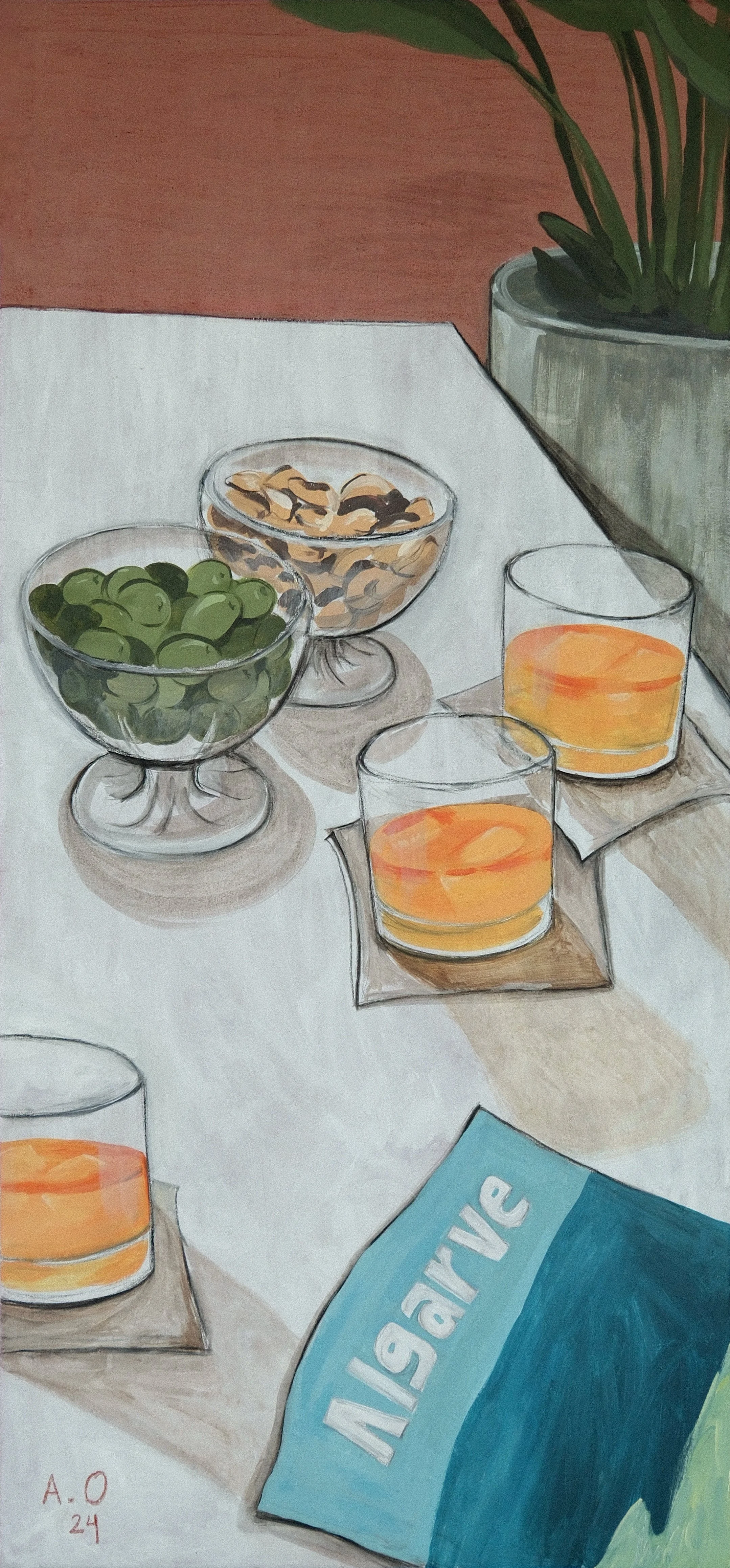 A still life painting of a table with two glass bowls of green and brown nuts, two glasses of orange juice on paper napkins, a blue magazine or newspaper with the word 'story' on it, and a potted plant in a ceramic pot in the background.