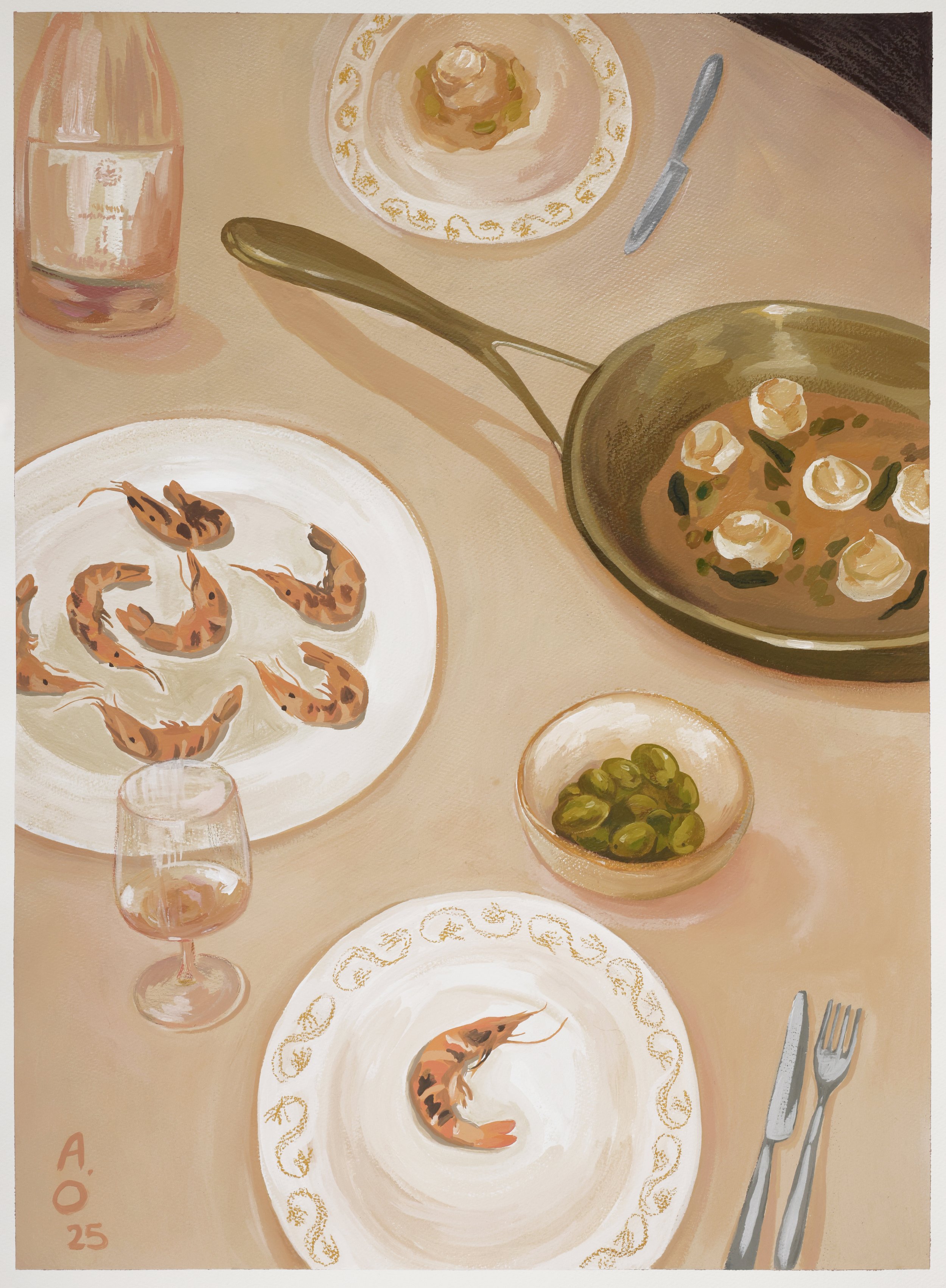 A painting of a table with a shrimp dish, a glass of white wine, a bowl of green olives, a plate with a lone shrimp, a skillet with what appears to be creamy seafood in a brown sauce, and a plate with a small serving of a scoop of a greenish food, possibly guacamole. There are also a knife and fork on the right side.