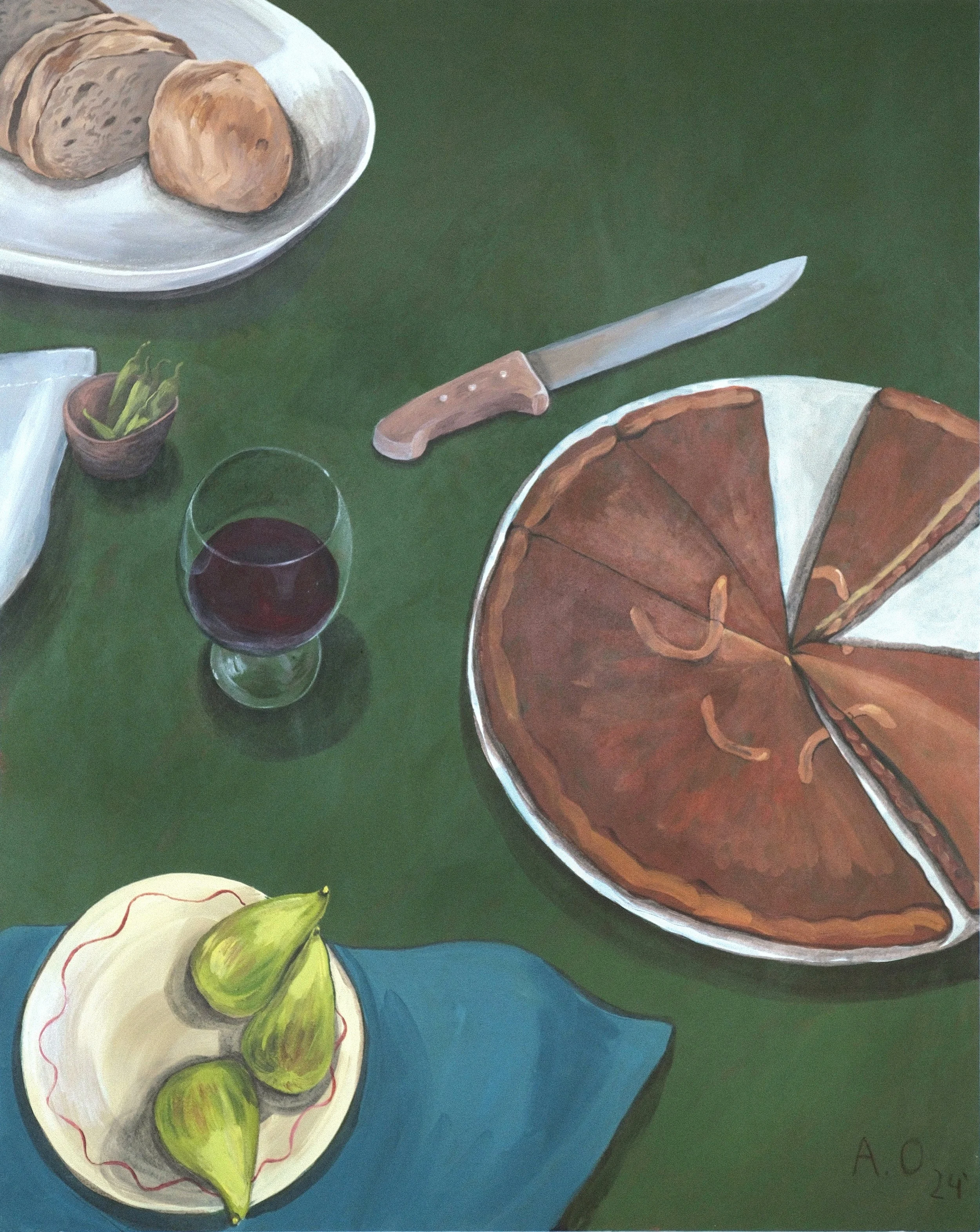 Painting of a dessert table featuring a large apple pie with a slice taken out, a glass of red wine, a small bowl of green beans, a plate with three pears, a loaf of bread with a sliced piece, and a knife on a green table.