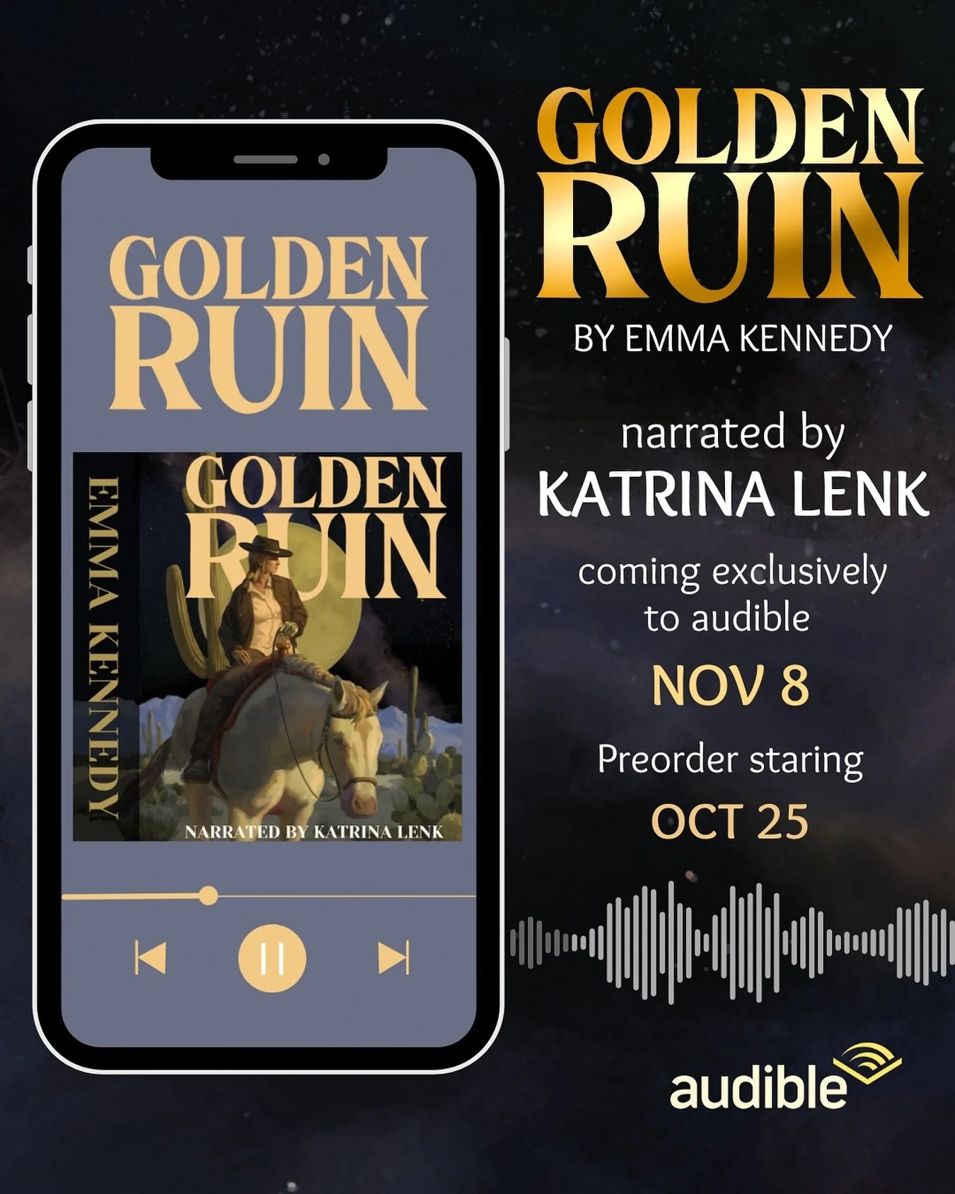Surprise!! The Golden Ruin announcements aren&rsquo;t over yet! The audiobook will be coming to audible next month and I can&rsquo;t wait for y&rsquo;all to hear it. @thekatrinalenk sounds INCREDIBLE and you do not want to miss this. Keep an eye out 