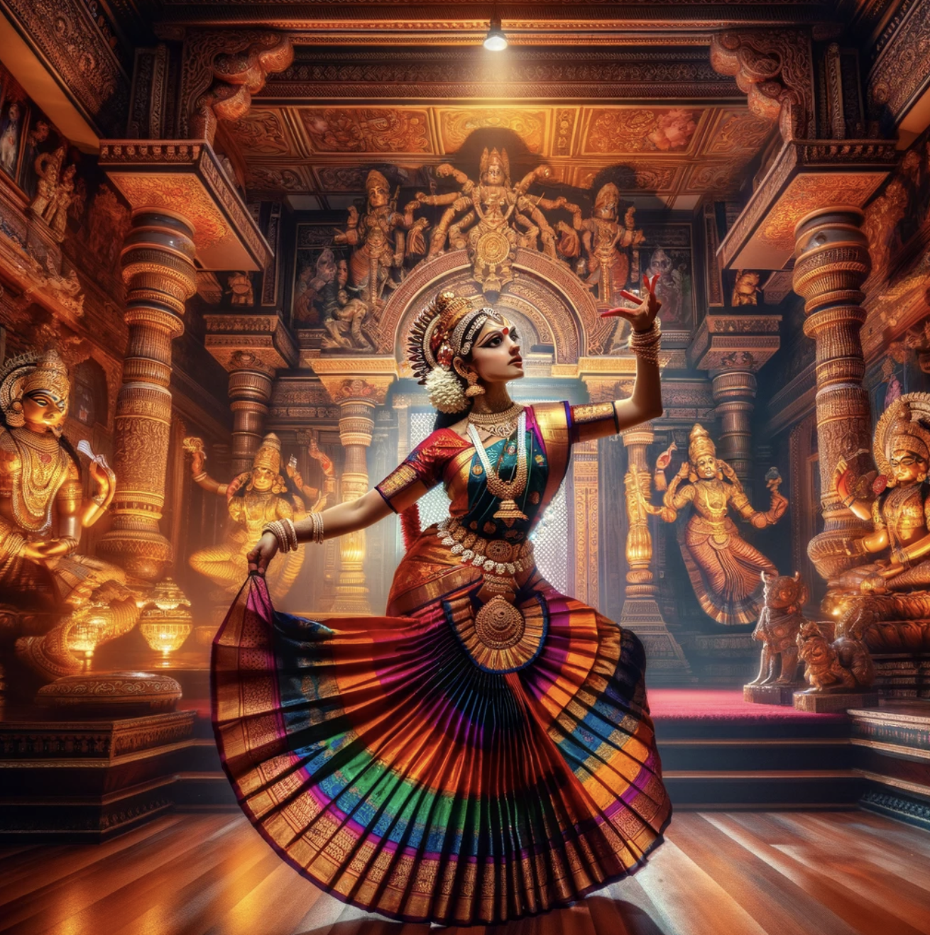 Bailarina de Bharatanatyam en un templo indio, vestida con traje tradicional colorido, rodeada de estatuas de deidades hindúes.