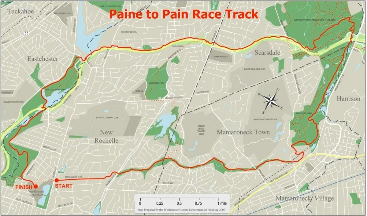 Map of the Paine to Pain Race Track showing a route starting at New Rochelle High School and ending near Eastchester, marked with a red line, with green parks, lakes, and neighborhoods labeled.