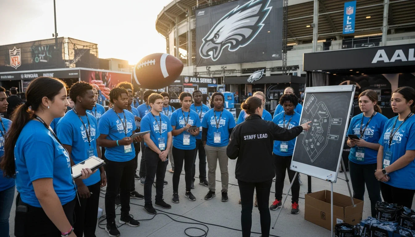 Event captain conducting a pre-event staff briefing before an NFL game day activation