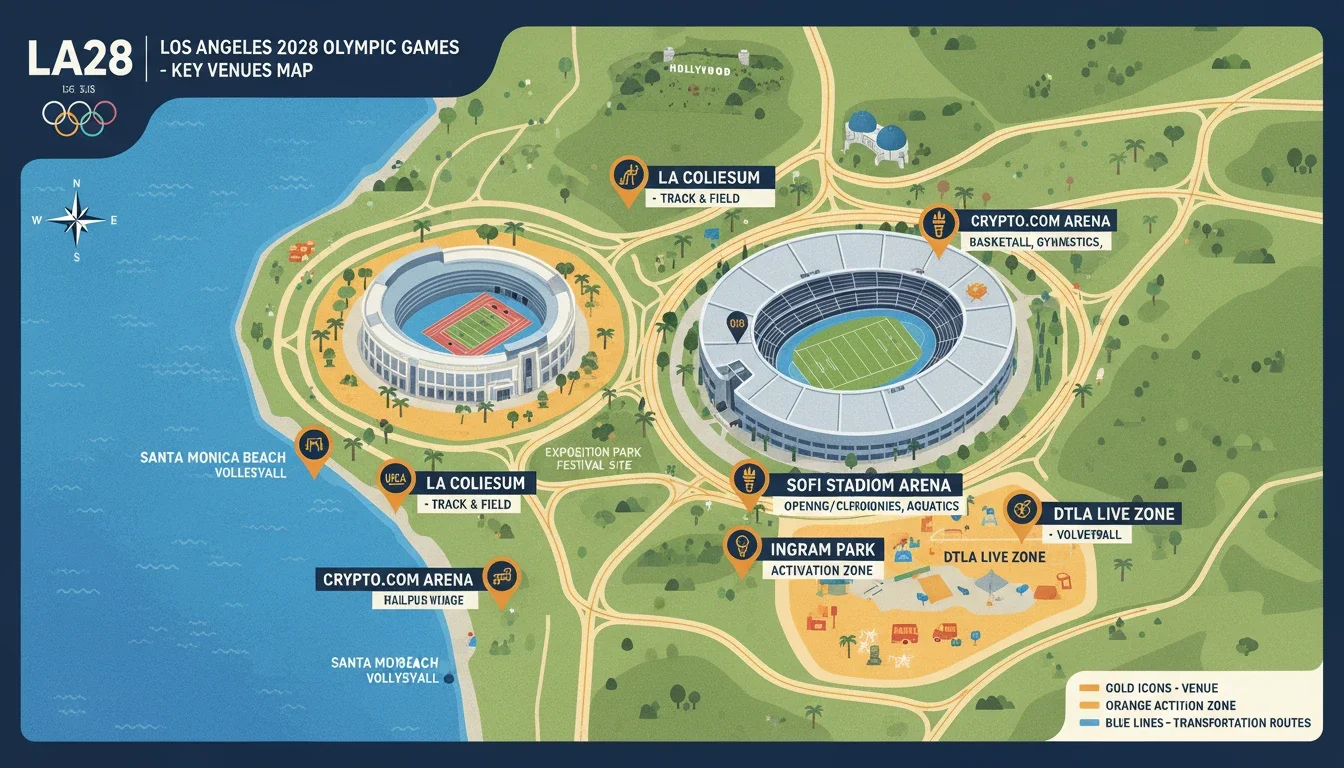 LA 2028 Olympics venue map showing SoFi Stadium Coliseum Santa Monica activation zones
