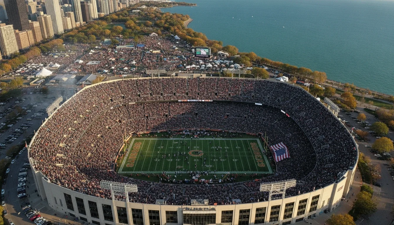 Aerial view of Soldier Field on Chicago's lakefront on a Bears game day, with Grant Park and Lake Michigan in the background