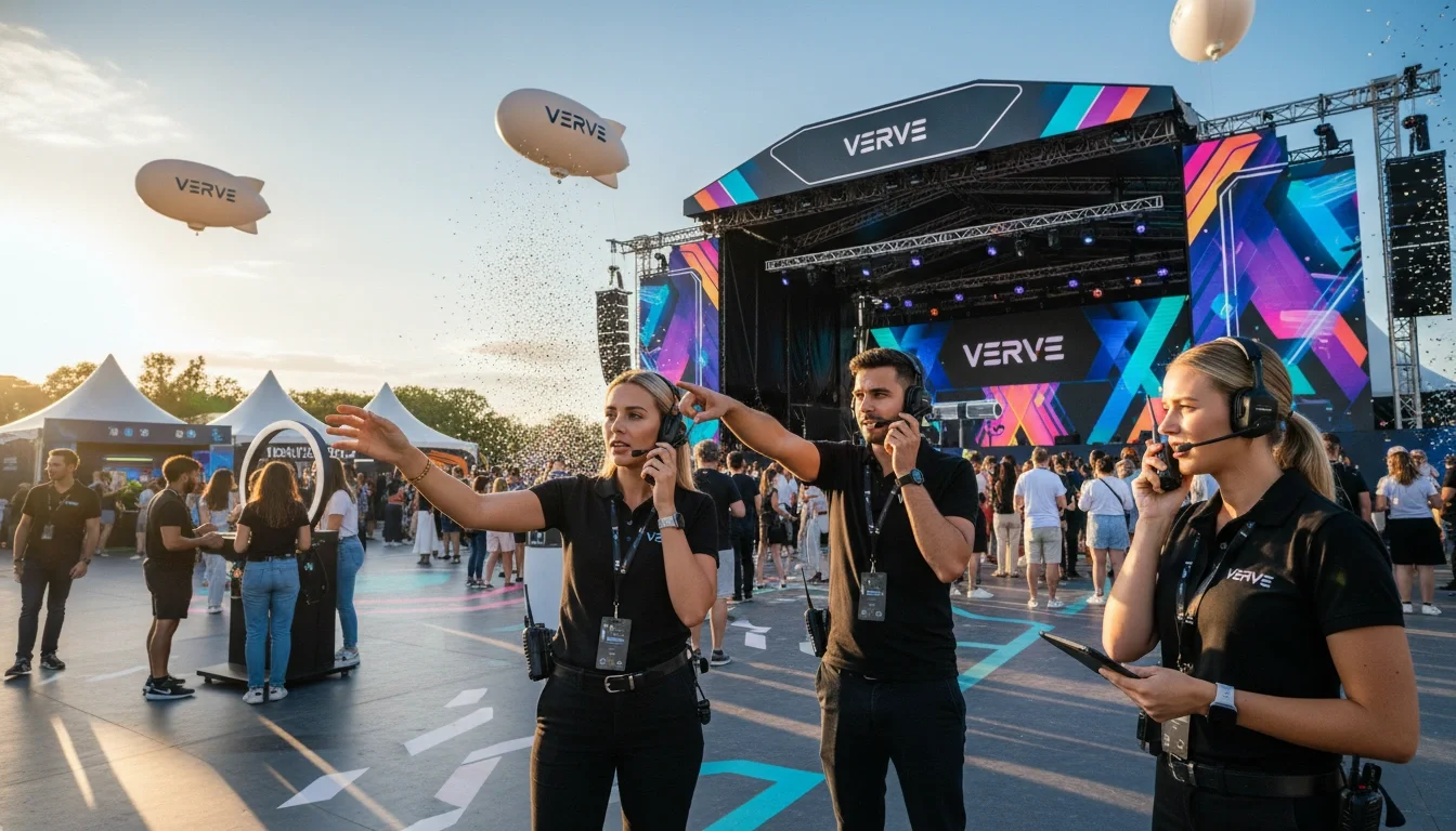event production assistants using walkie talkies at brand activation event