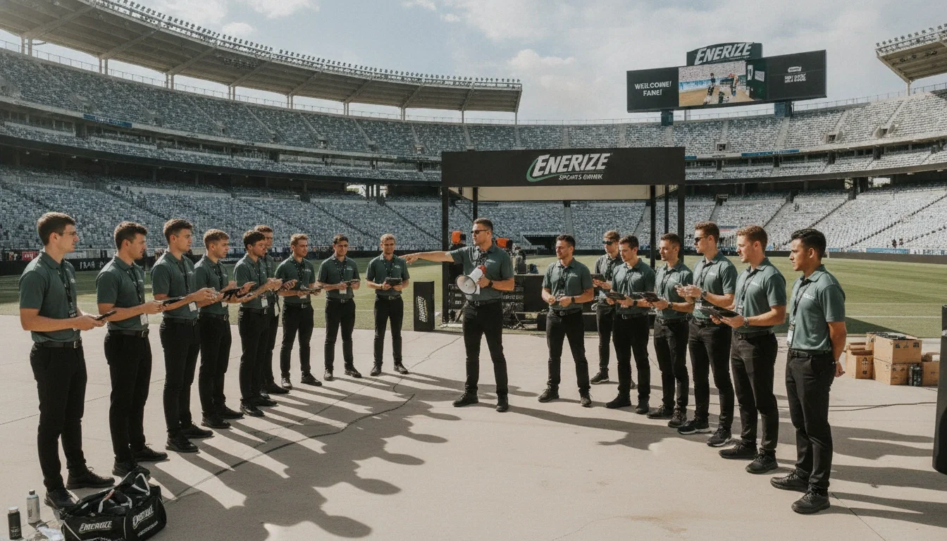 Event staffing team briefing before a brand activation at a large outdoor sports venue