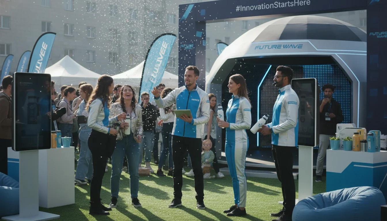 Promotional staff engaging attendees at a brand activation event