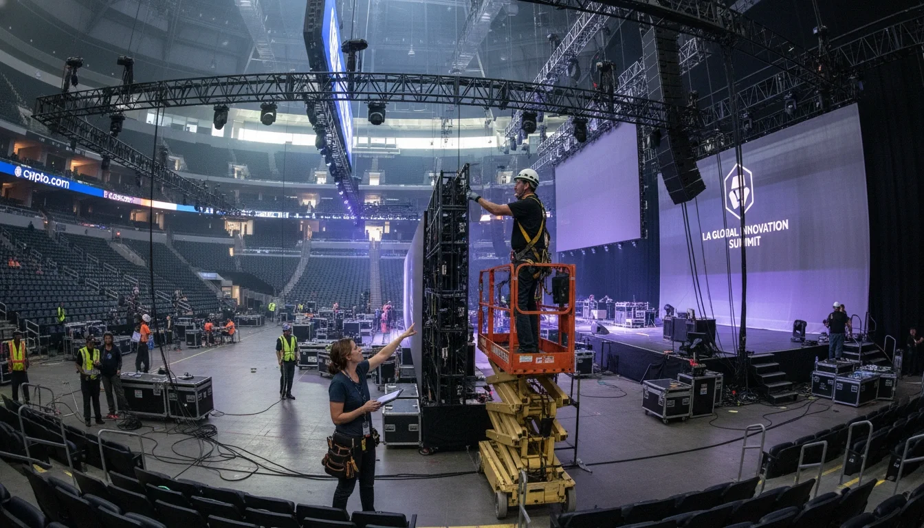 Event production crew setting up lighting and AV equipment backstage at a large corporate event