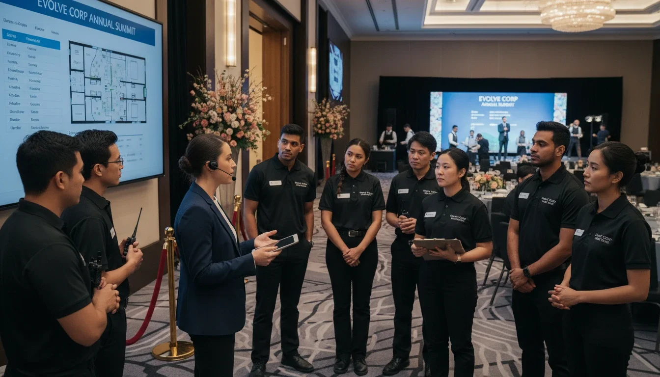 Event manager briefing a professional event staff team before a corporate event