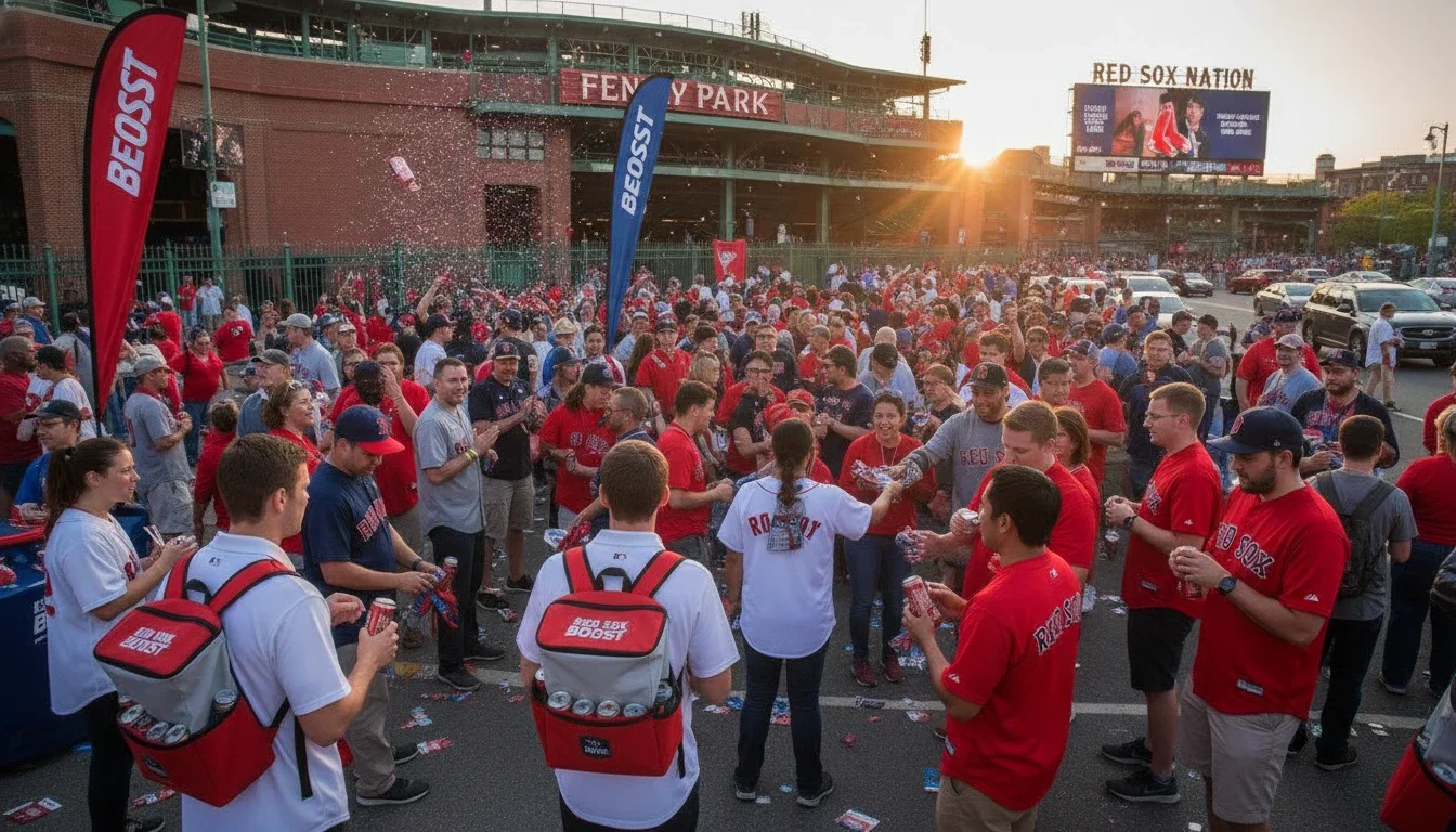 Street team staff distributing branded samples to fans outside Fenway Park on Brookline Avenue before a Red Sox game