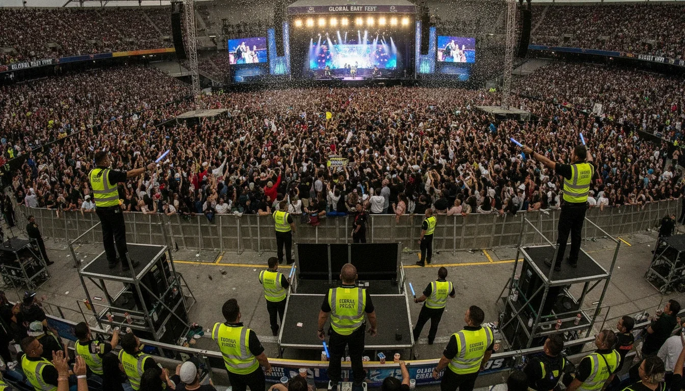 Professional event staff managing crowd flow at a major stadium concert
