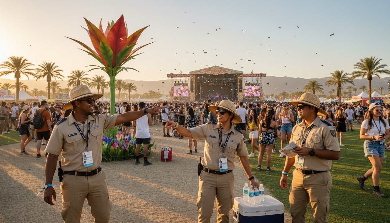 Professional event staff in uniform assisting guests at an outdoor Coachella Valley event 