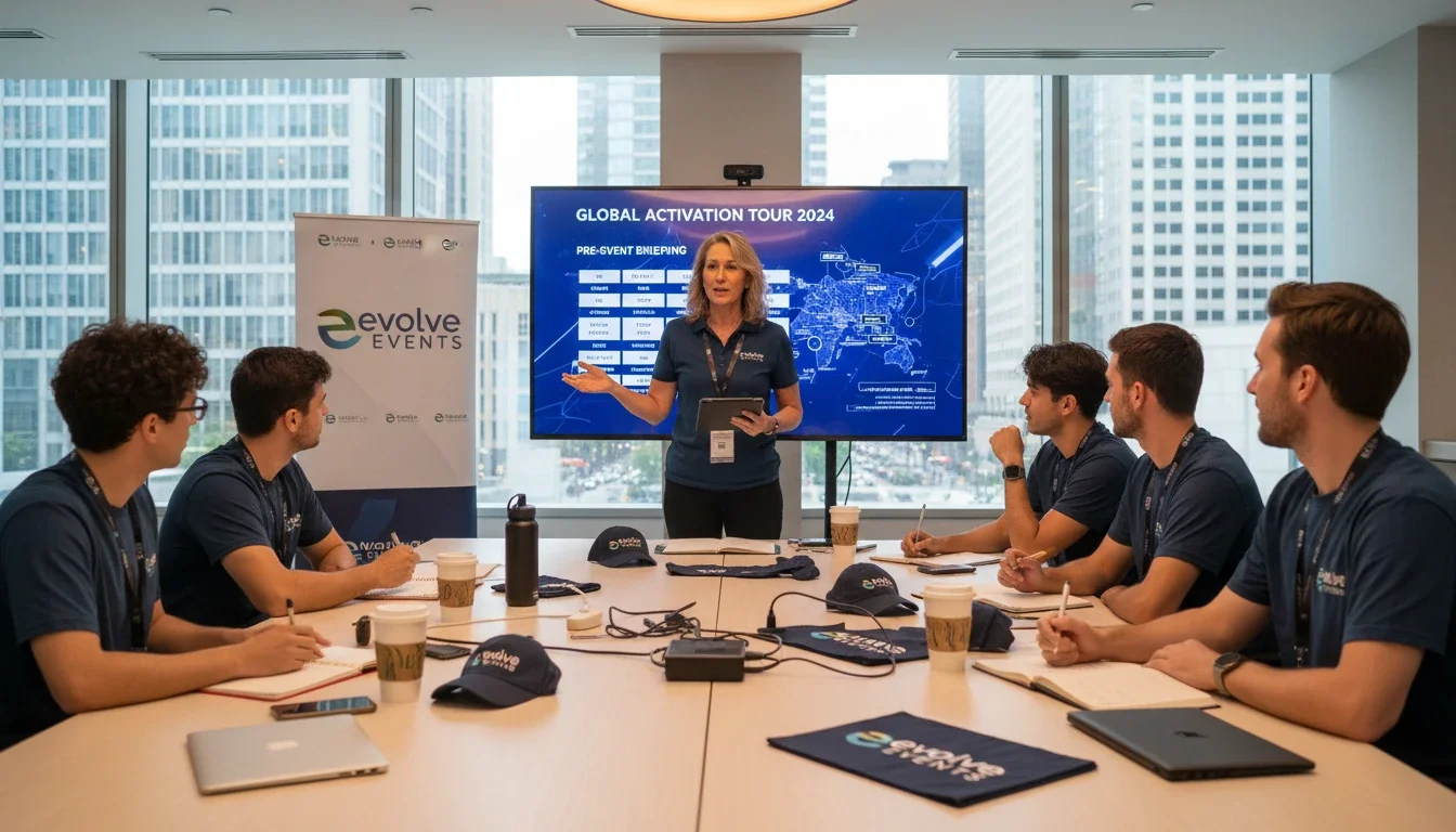 Experienced tour manager conducting a pre-event briefing with the brand activation team
