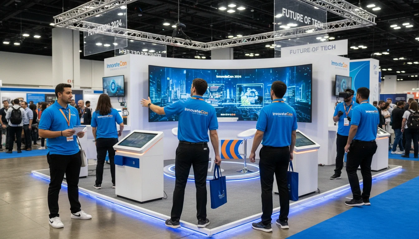 Event staff team in branded uniforms working a convention booth activation