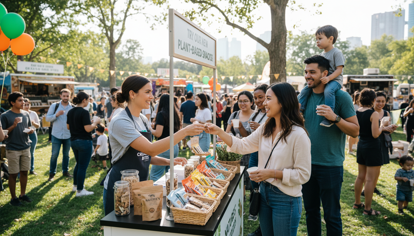 Brand ambassador at a product sampling event interacting with consumers