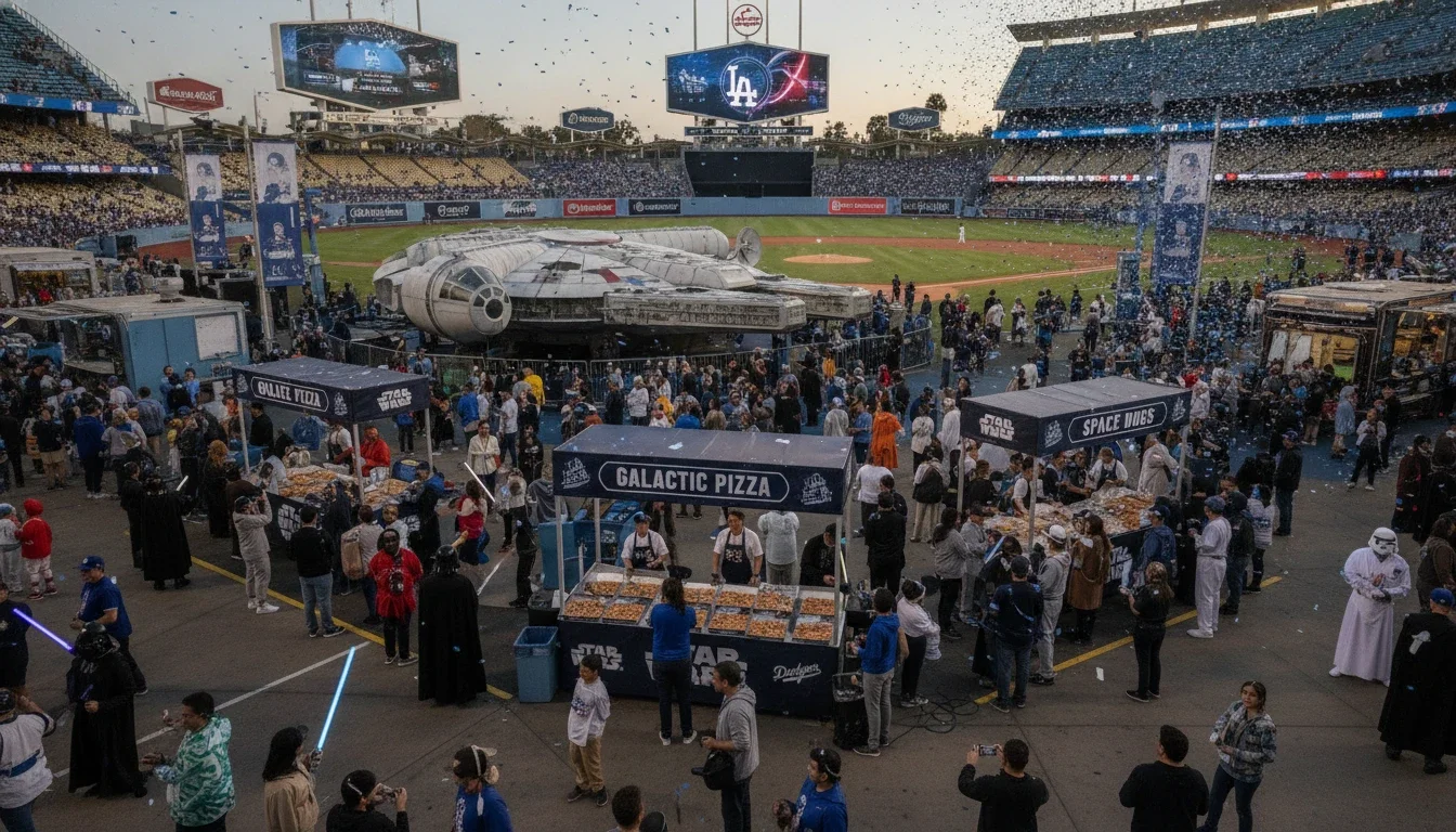 Dodger Stadium Centerfield Plaza activation during a themed promotional night — costumed fans and brand staff visible