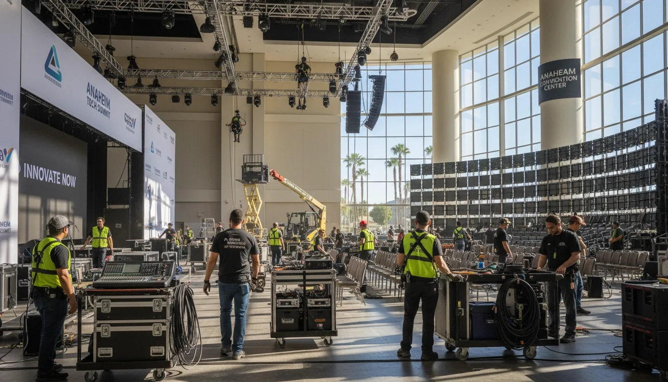 Production assistants coordinating event setup at a convention center in Anaheim