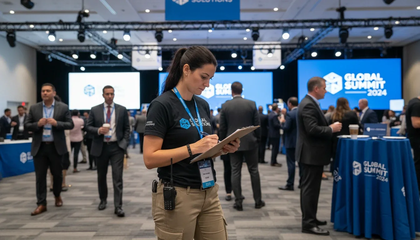 event production assistant reviewing event timeline at corporate event