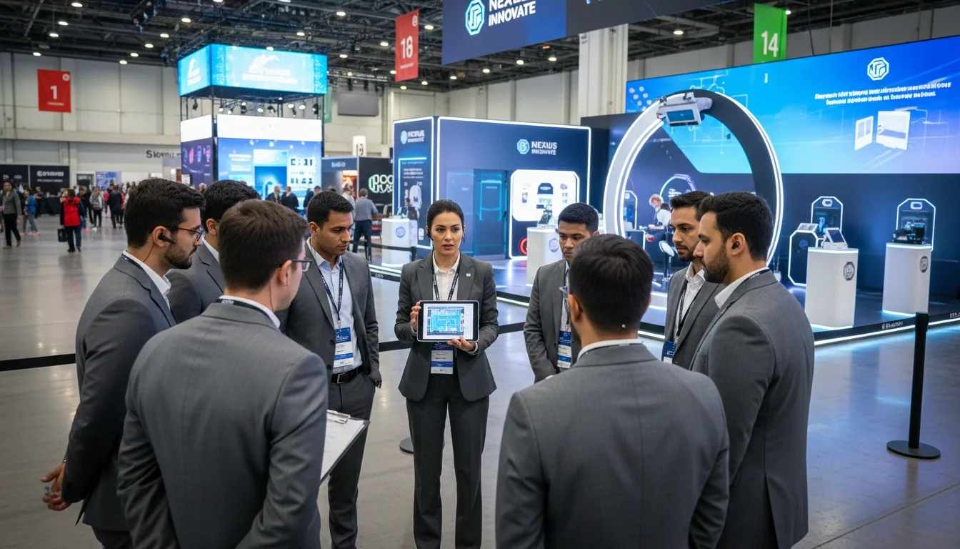 Professional event staff team briefing before an expo hall brand activation at a major conference