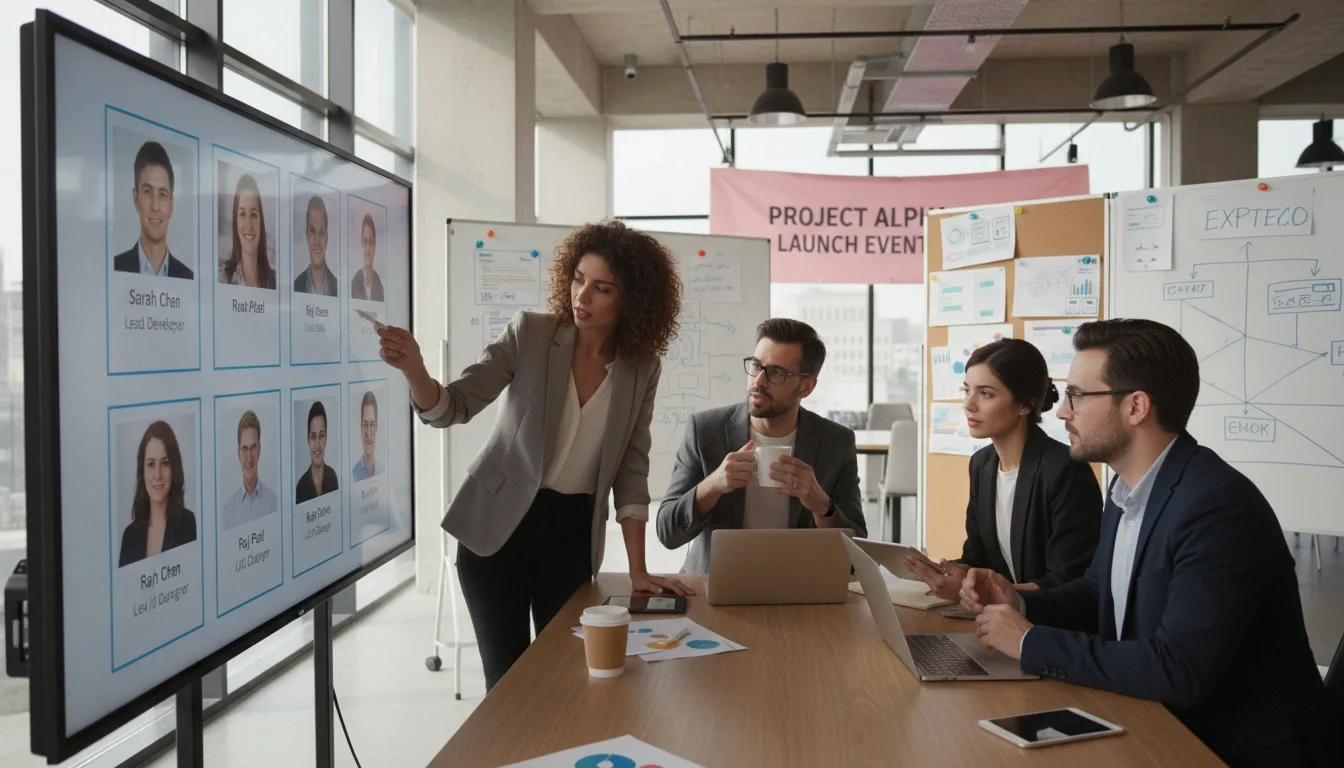 Event planner reviewing promotional staff headshot portfolios on a laptop for Anaheim product launch