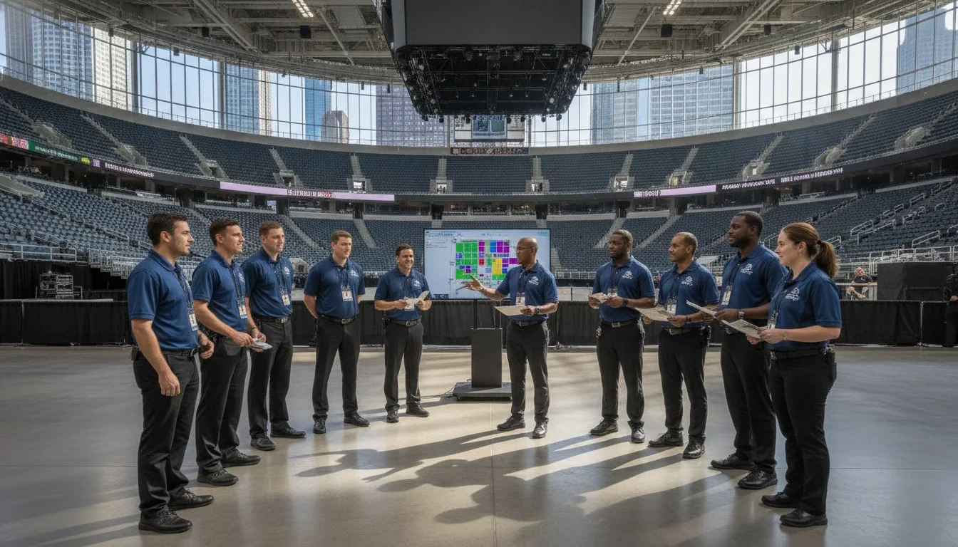 Professional event staff team briefing before a Chicago arena event